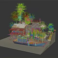 Cartoon Scene with Palm Trees Wooden House Red Roof Stilt Platform and Blue Boat