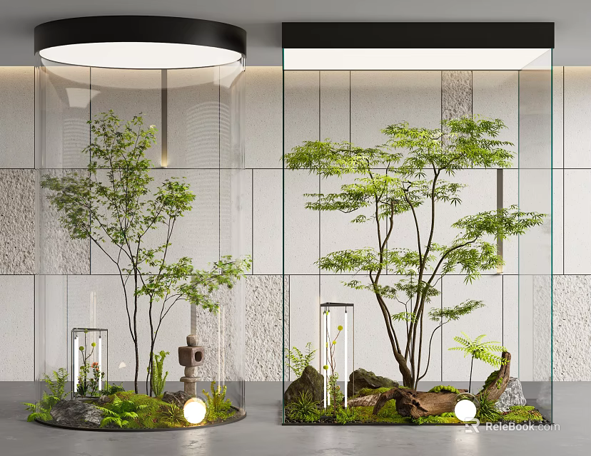 Modern Indoor Landscape Featuring Glass Enclosures Green Trees Ferns Stones Moss And Round Lights 3d model 