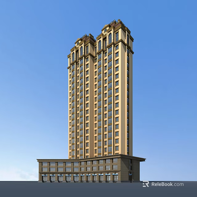 Tall Residential Building Exterior with Classical Decorative Top Beige Facade and Large Windows 3d model 