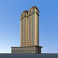 Tall Residential Building Exterior with Classical Decorative Top Beige Facade and Large Windows