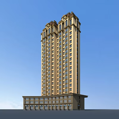 Tall Residential Building Exterior with Classical Decorative Top Beige Facade and Large Windows 3d model
