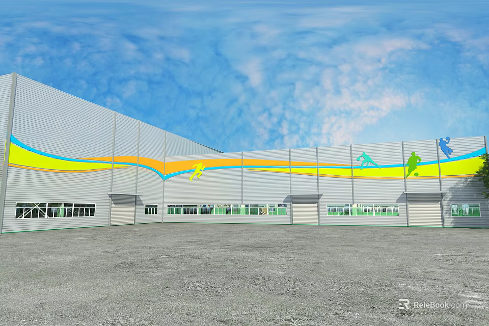 Modern Sports Stadium Exterior With Streamlined Colorful Stripes Sports Silhouettes And Gray Open Ground 3d model 