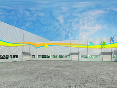 Modern Sports Stadium Exterior With Streamlined Colorful Stripes Sports Silhouettes And Gray Open Ground 3d model