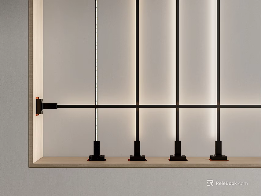 Built in Display Cabinet With Black Metal Grid Frame Slender White Objects And Black Bases 3d model 