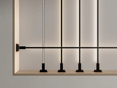 Built in Display Cabinet With Black Metal Grid Frame Slender White Objects And Black Bases 3d model