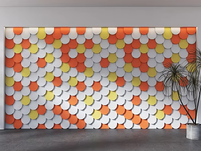 Background Wall with Orange Yellow White Circular Scaly Wavy Patterns and Green Plant 3d model
