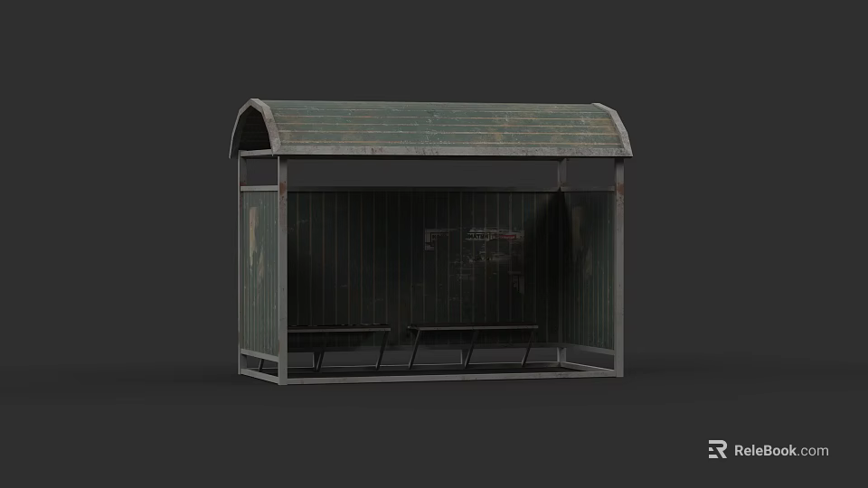 Vintage Weathered Bus Stop Featuring Arched Metal Roof And Bench Seats 3d model 