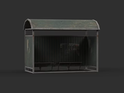 Vintage Weathered Bus Stop Featuring Arched Metal Roof And Bench Seats 3d model