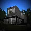 Modern Detached Villa Exterior With Illuminated Glass Windows Green Trees And Lawn