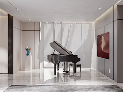 Modern Living Room Interior With Black Piano White Curtains Red Abstract Painting And Marble Floor 3d model