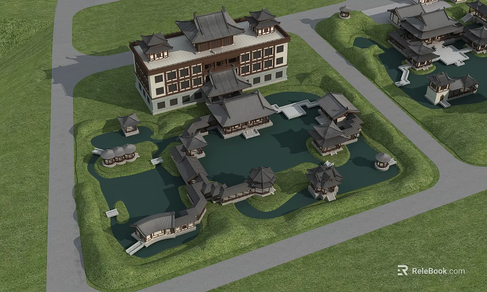 Scenic Ancient Chinese Architecture Complex With Pond Greenery Stone Pathways And Traditional Pavilions 3d model 
