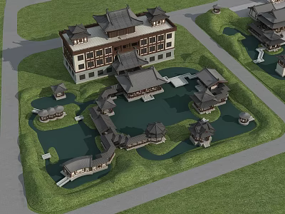 Scenic Ancient Chinese Architecture Complex With Pond Greenery Stone Pathways And Traditional Pavilions 3d model