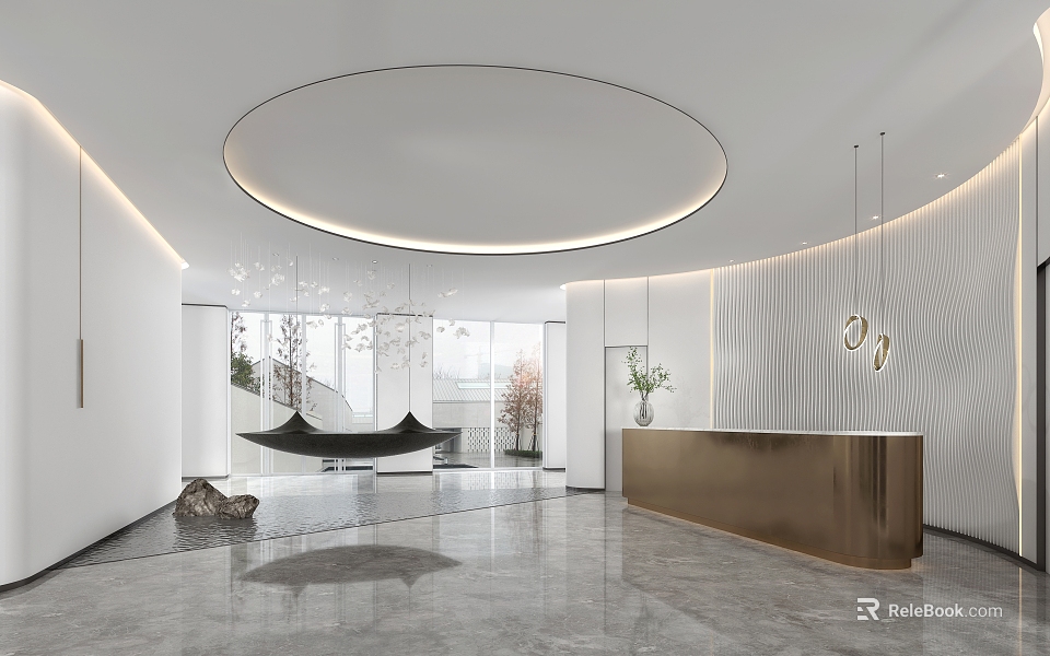 Sales Office Modern Interior With Circular Ceiling Reception Desk And Marble Floor 3d model 