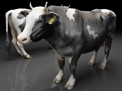 Two Black And White Cows Standing On Smooth Gray Floor Surface 3d model