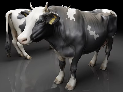 Two Black And White Cows Standing On Smooth Gray Floor Surface 3d model Two Black And White Cows Standing On Smooth Gray Floor Surface 3d model