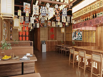 Traditional Japanese Restaurant Interior With Hanging Lanterns Wooden Decor And Dining Tables 3d model