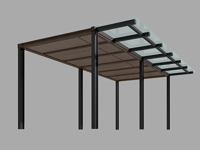 Modern Pergola Structure With Black Columns Brown Lattice And Glass Panels 3d model