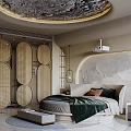 Hotel Guest Room Featuring Circular Bed Curved Accent Wall Wooden Screens and Projector