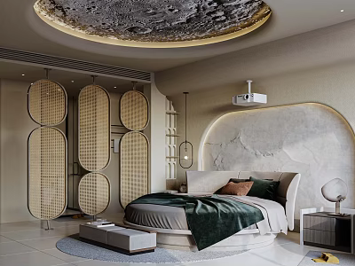 Hotel Guest Room Featuring Circular Bed Curved Accent Wall Wooden Screens and Projector 3d model