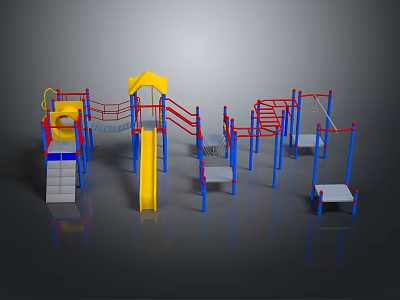 Colorful Playground Structures With Yellow Slide Red Climbing Frames And Blue Swings 3d model