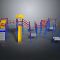 Colorful Playground Structures With Yellow Slide Red Climbing Frames And Blue Swings