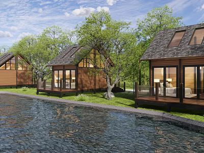 Rustic Wooden Guesthouses by Waterfront with Trees Large Windows and Decks 3d model