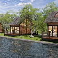 Rustic Wooden Guesthouses by Waterfront with Trees Large Windows and Decks
