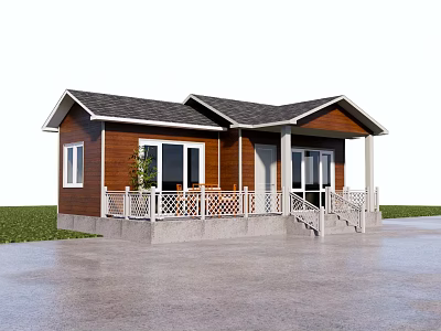 Bed and Breakfast Building With Brown Exterior Dark Roof White Window Frames and Front Porch 3d model