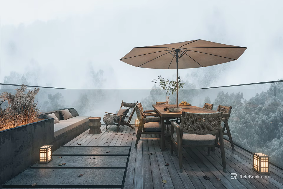 Serene Home Balcony with Wooden Deck Glass Railing Beige Parasol Dining Set and Decorative Lanterns 3d model 