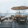 Serene Home Balcony with Wooden Deck Glass Railing Beige Parasol Dining Set and Decorative Lanterns