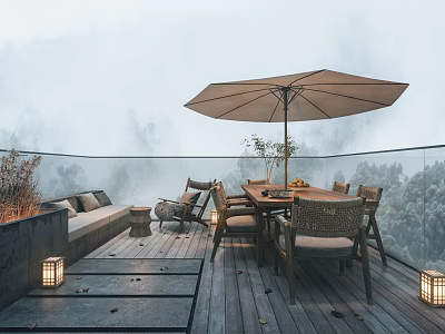 Serene Home Balcony with Wooden Deck Glass Railing Beige Parasol Dining Set and Decorative Lanterns 3d model