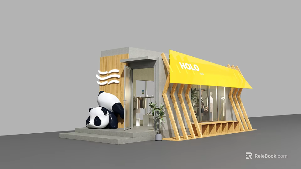 Container Building Design With Yellow HALO Awning Panda Figure And Wooden Structure 3d model 