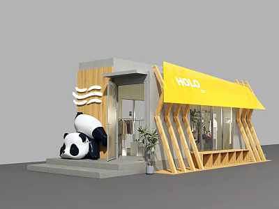 Container Building Design With Yellow HALO Awning Panda Figure And Wooden Structure 3d model