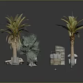 Outdoor Urban Scene With Street Lamp Palm Trees Umbrella Tables Chairs Small Car And Boxes