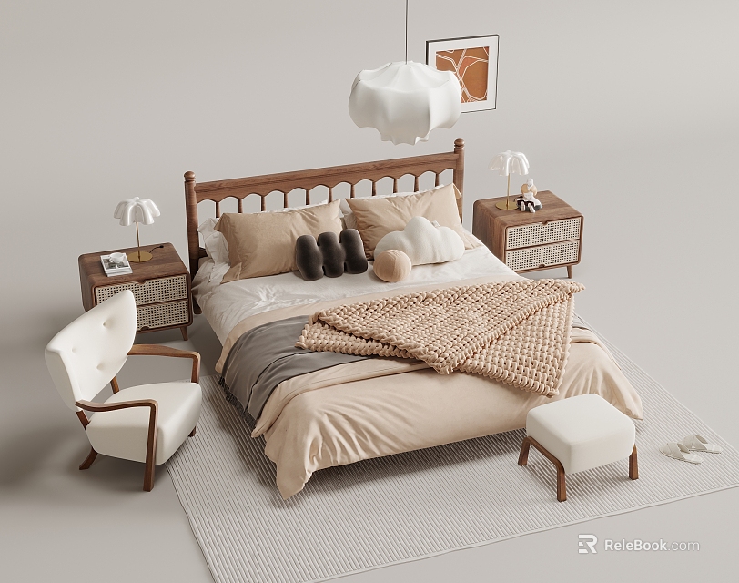 Modern Double Bed With Wooden Headboard Soft Pillows Knit Blanket Nightstands Lamps And Area Rug 3d model 