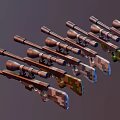Multiple Assorted Camouflage Rifles Equipped With Scopes And Colorful Patterns