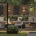 Modern Garden Landscape Featuring Wooden Screens Sofa Cushions Fire Pit Green Plants And Lawn
