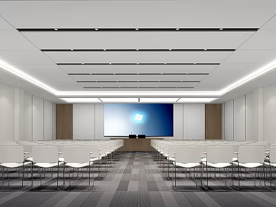 Modern Conference Room Interior With Neat White Chairs Large Screen Wooden Backdrop And Ceiling Lighting 3d model