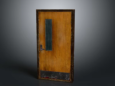 Traditional Wooden Door With Vertical Glass Panel Metal Base Trim And Sturdy Handle 3d model