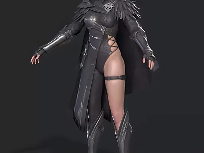 Woman In Black Armor Costume With Long Cloak Metallic Details And Tall Boots 3d model