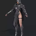 Woman In Black Armor Costume With Long Cloak Metallic Details And Tall Boots