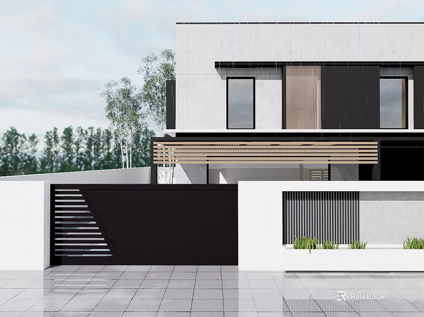 Modern Single Family House Exterior Design With Black Gate Large Windows And Courtyard 3d model 