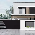 Modern Single Family House Exterior Design With Black Gate Large Windows And Courtyard