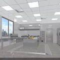 Modern Commercial Kitchen Interior With Stainless Steel Island Sink Range Hood Refrigerators And Ceiling Lights