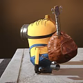Minion Standing Next to Yellow Fire Hydrant Holding Guitar on Urban Sidewalk
