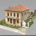 Old Two Story Building With Red Tile Roof Yellow Walls And Ruined Surrounding Grass