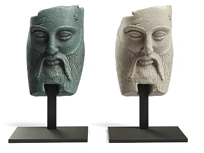 Ancient Carved Stone Head Sculptures Featuring Bearded Faces in Green and Light on Black Stands 3d model