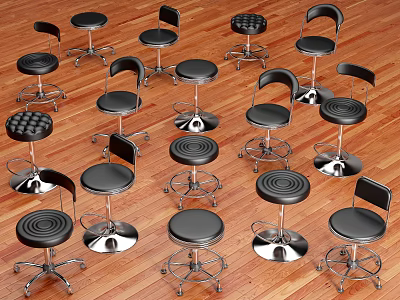 Stylish Bar Stools In Various Designs With Black Seats And Metal Frames 3d model