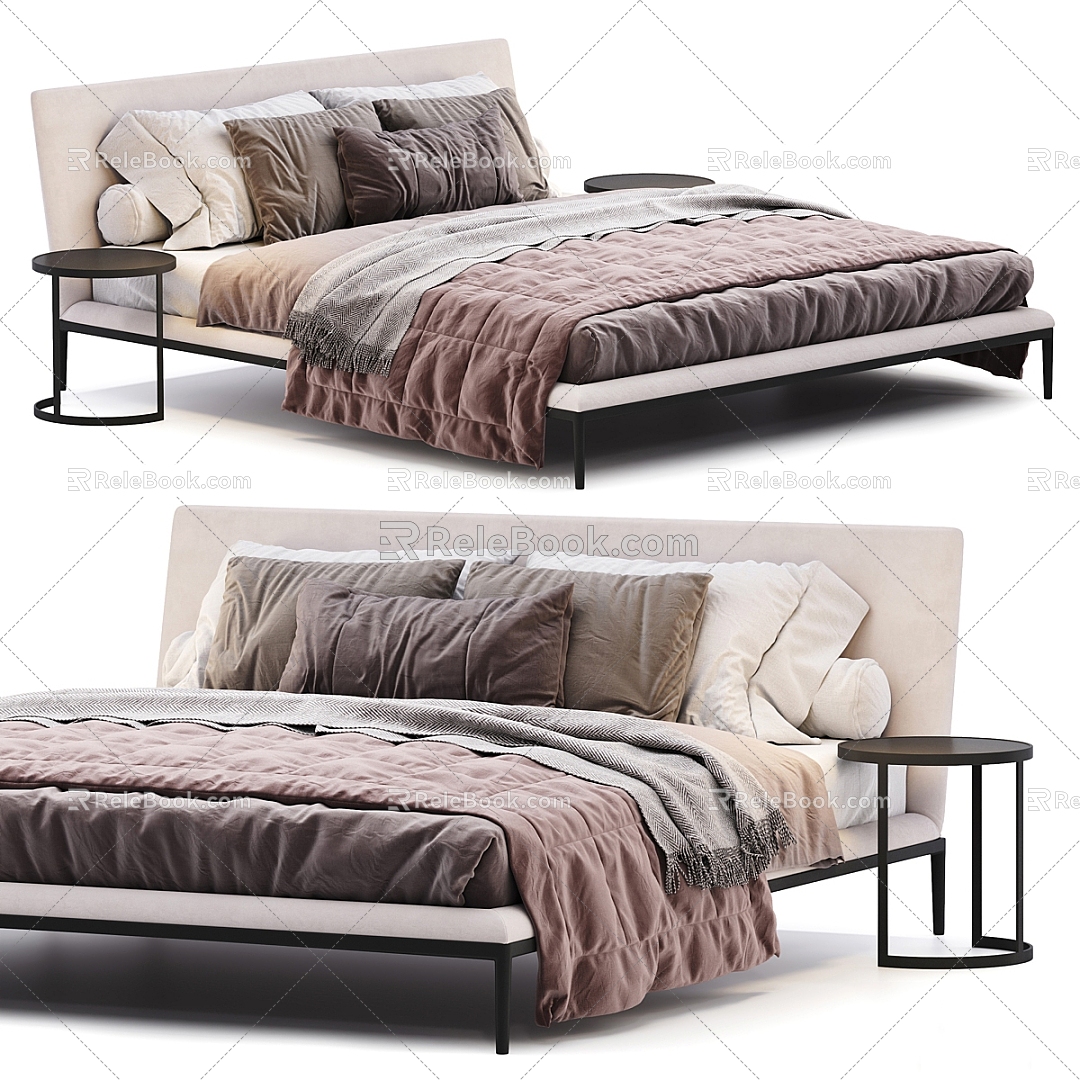 Modern Simple creamy-white Double Bed 3d model