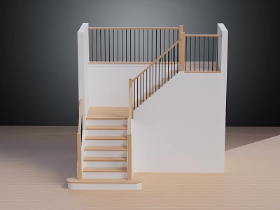 Minimalist Wooden Staircase With White Handrail And Black Metal Railing Design 3d model